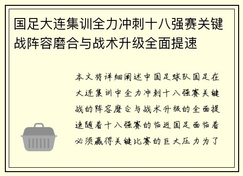 国足大连集训全力冲刺十八强赛关键战阵容磨合与战术升级全面提速